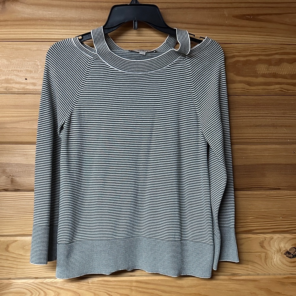 Loft Women's Striped Grey and White Sweater Long Sleeve Size XS